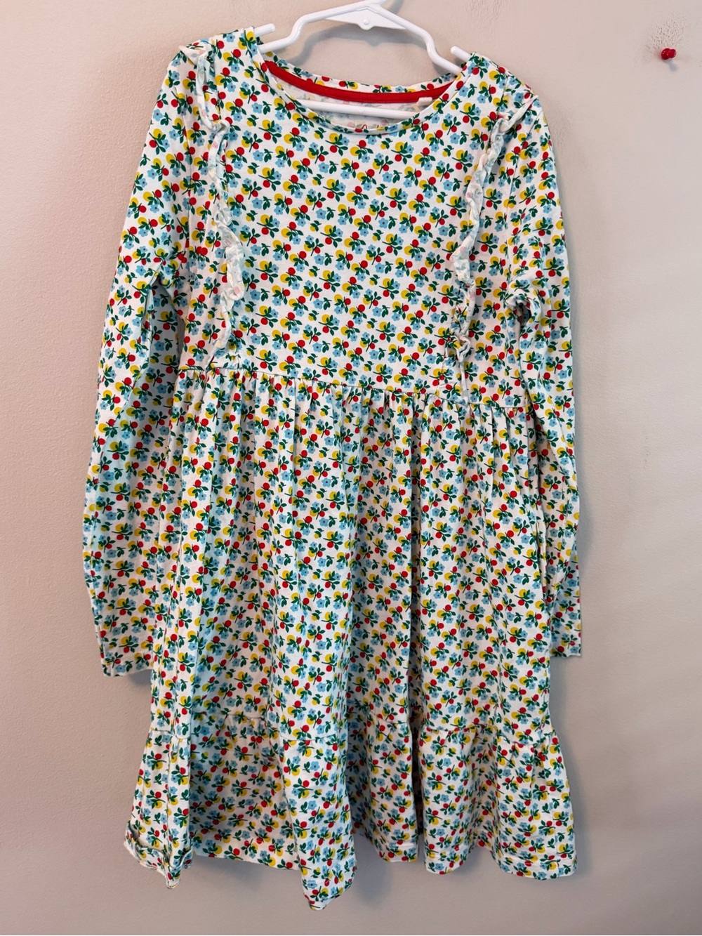 Mini Boden Long Sleeve Floral Ruffle Dress - White with Red, Yellow & Blue